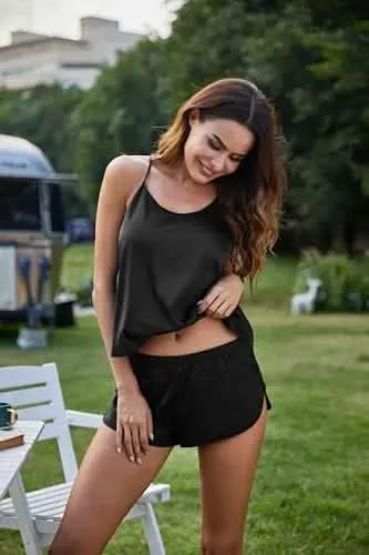 Silk Pajamas Set for Women Satin Backless Lingerie Pjs Cami Top and Shorts Nightwear - Love Salve